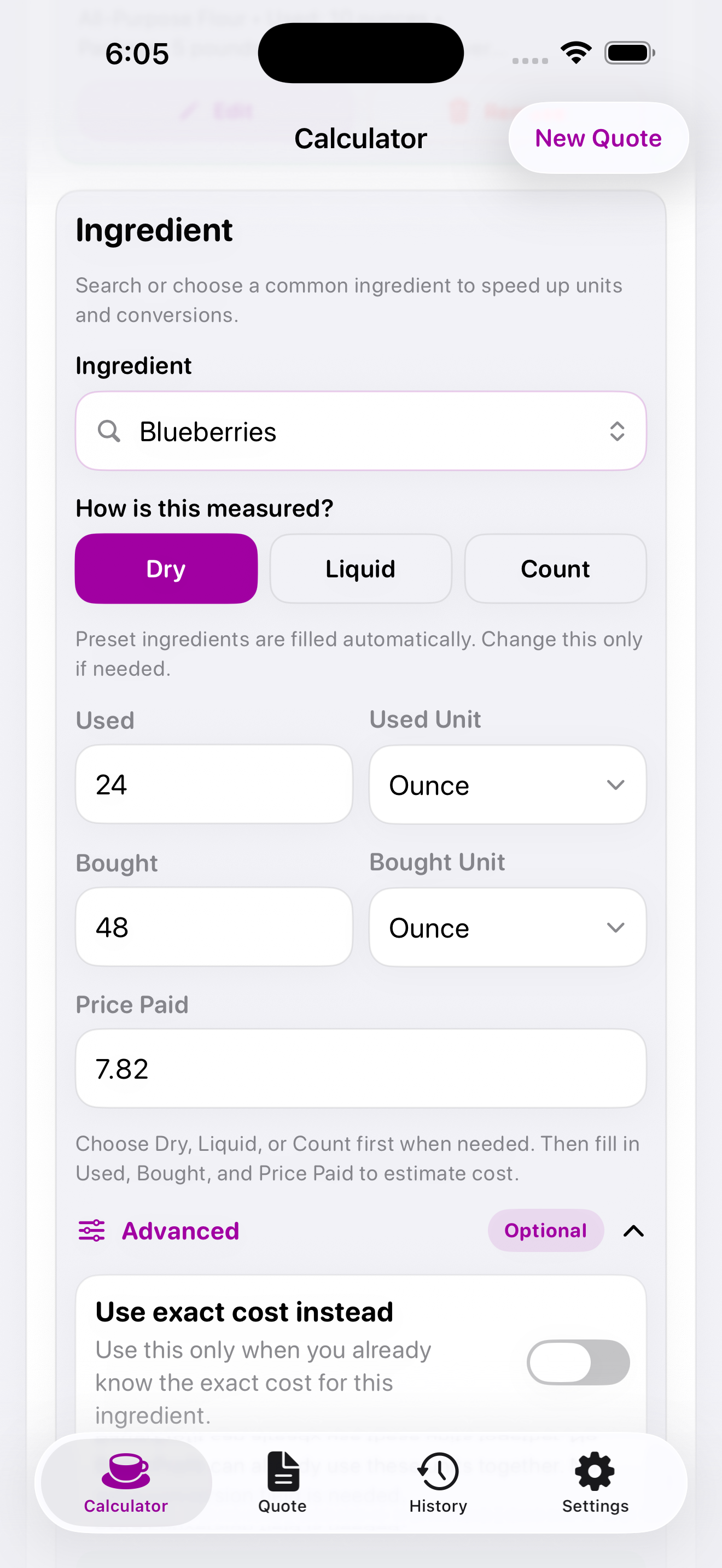 BatterProfit ingredient entry screen
